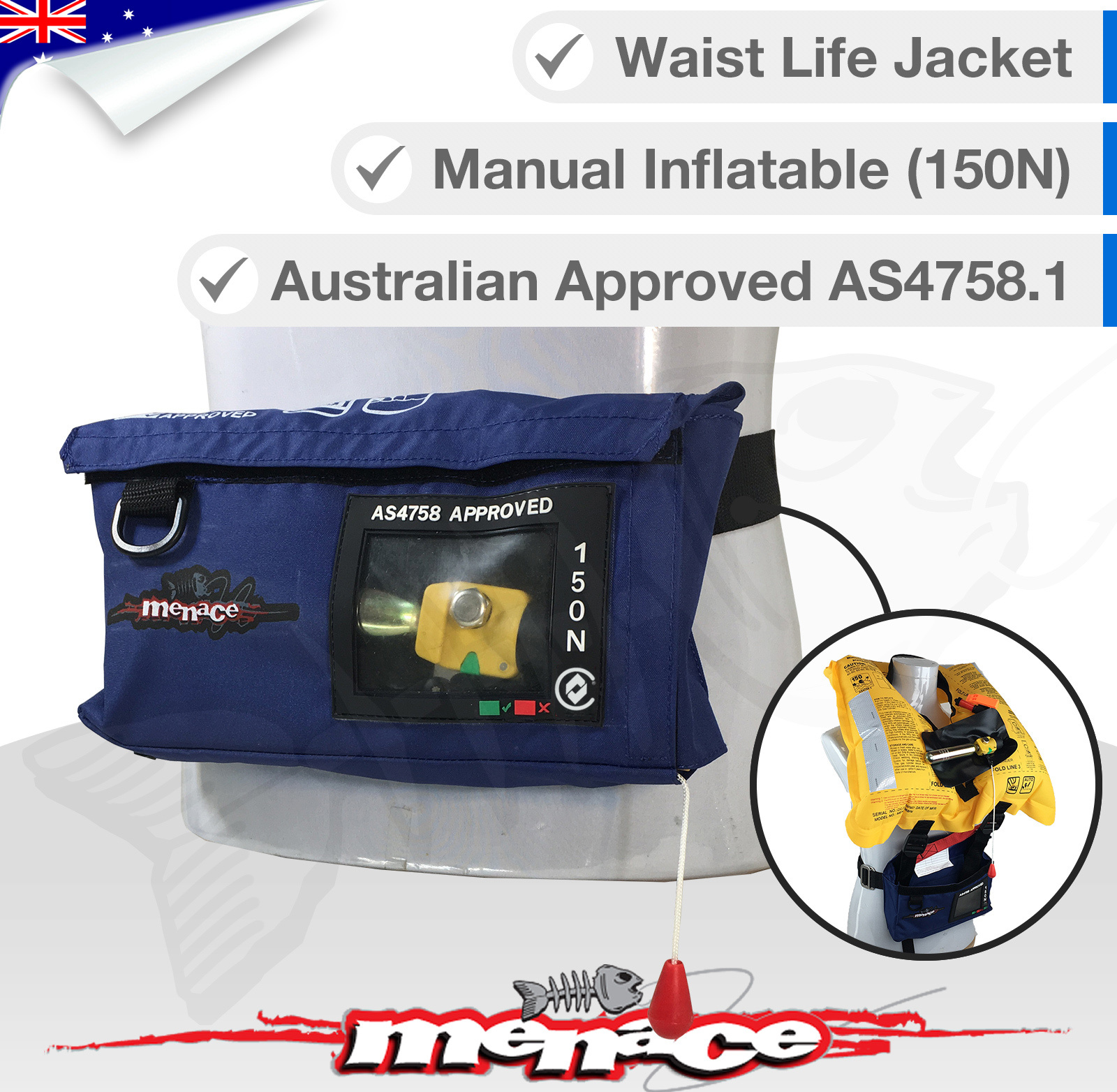 ADULT WAIST BELT Inflatable Life Jacket PFD1 Type Manual LifeJackets Level  150N